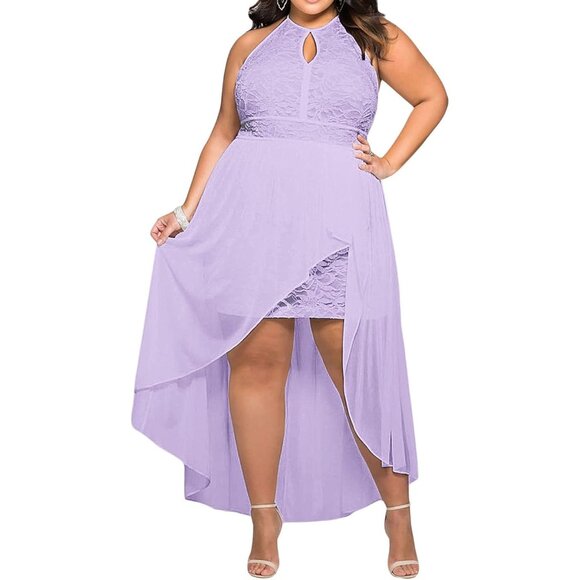 Plus Size Maxi Dress Halter Neck Lace Overlay Casual Beach Wedding Lilac